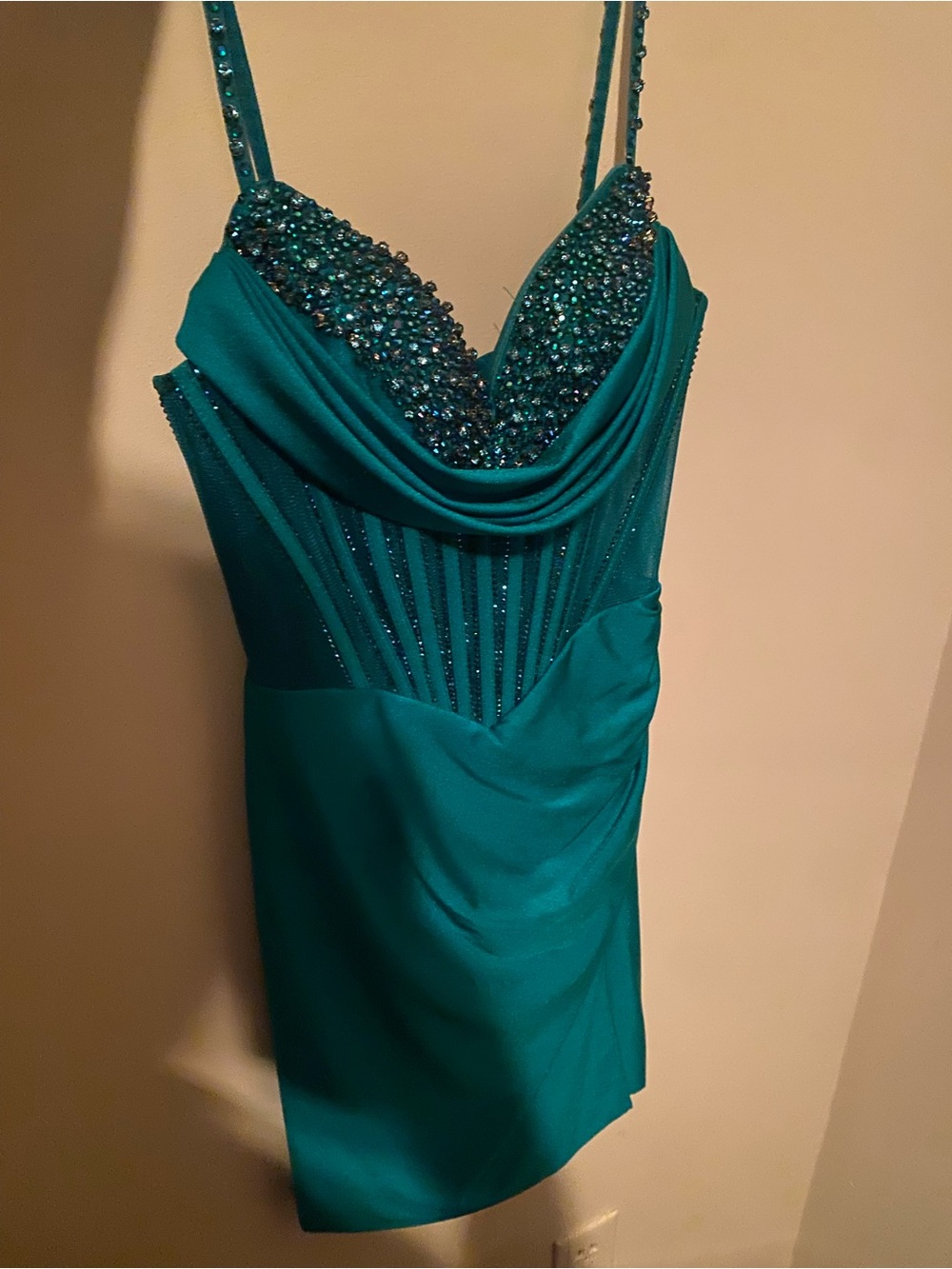 Beaded Teal Mini Dress with Draped Cowl Neck